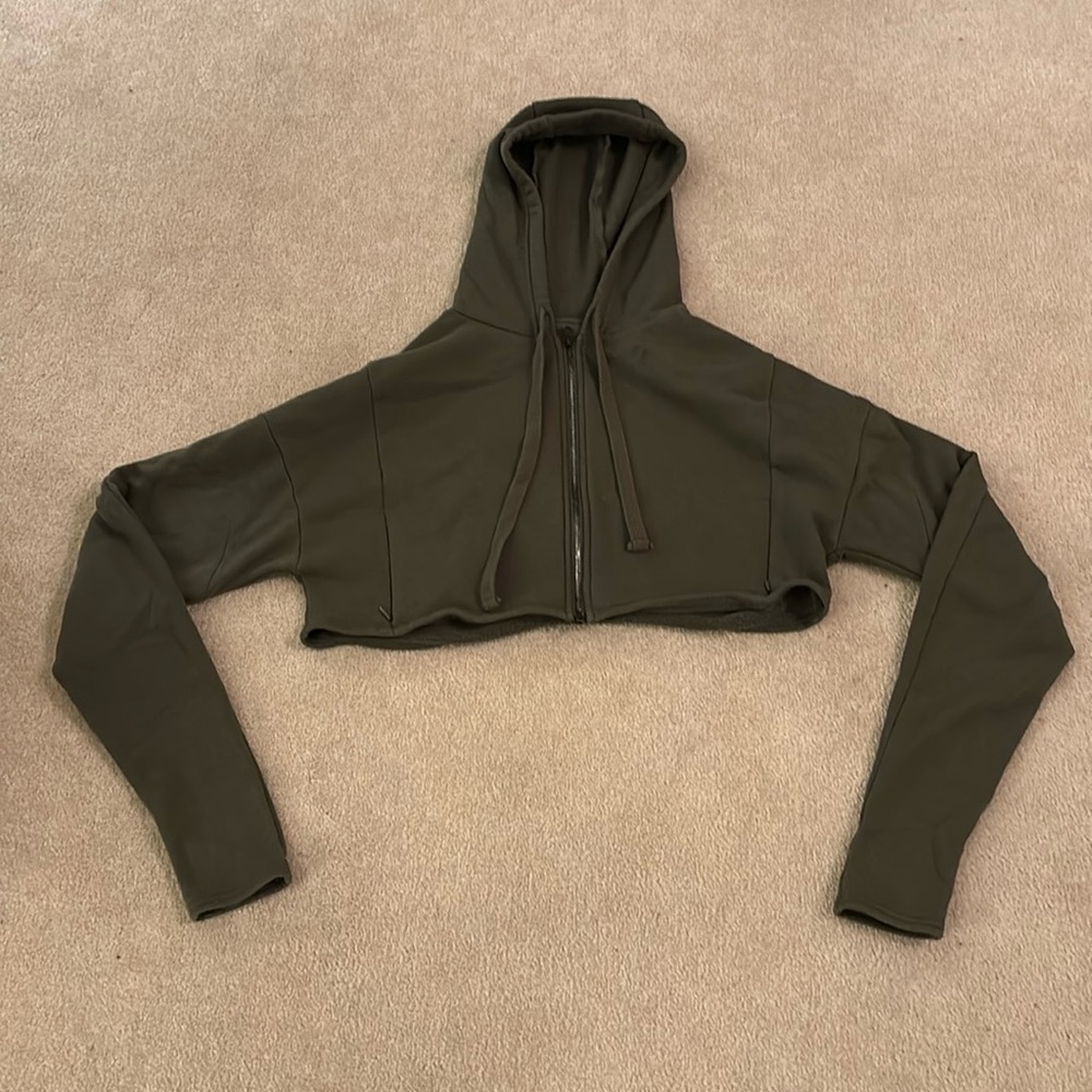 ALO Yoga Extreme Crop Olive Green Zip Hoodie Sweater